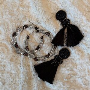 Elegant Black and Silver Tassel Earrings and Bling Hoops (2 pair)